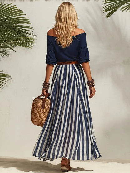 Isabella | Two-Piece Summer Set with Off-Shoulder Top & Striped Skirt (Belt Included)
