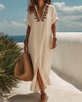Isadora | Embroidered Linen Collared Maxi Dress