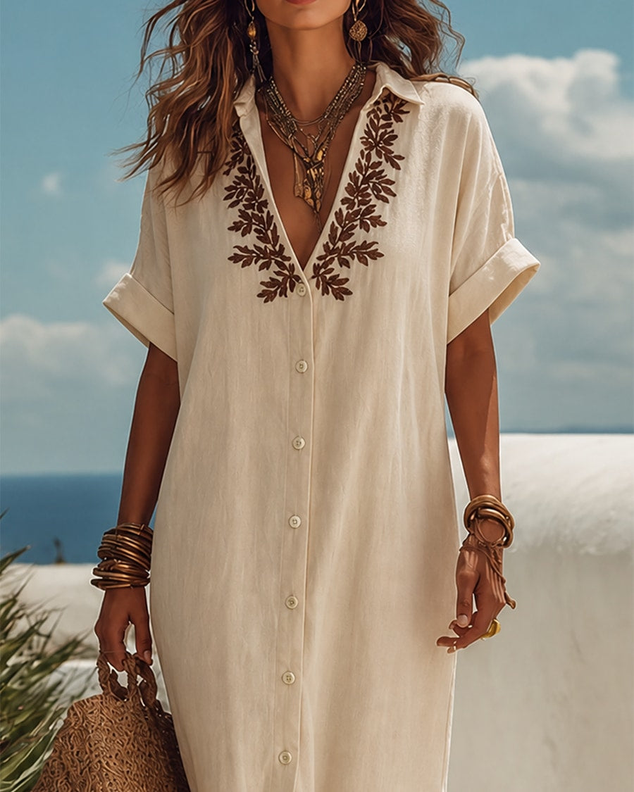 Isadora | Embroidered Linen Collared Maxi Dress