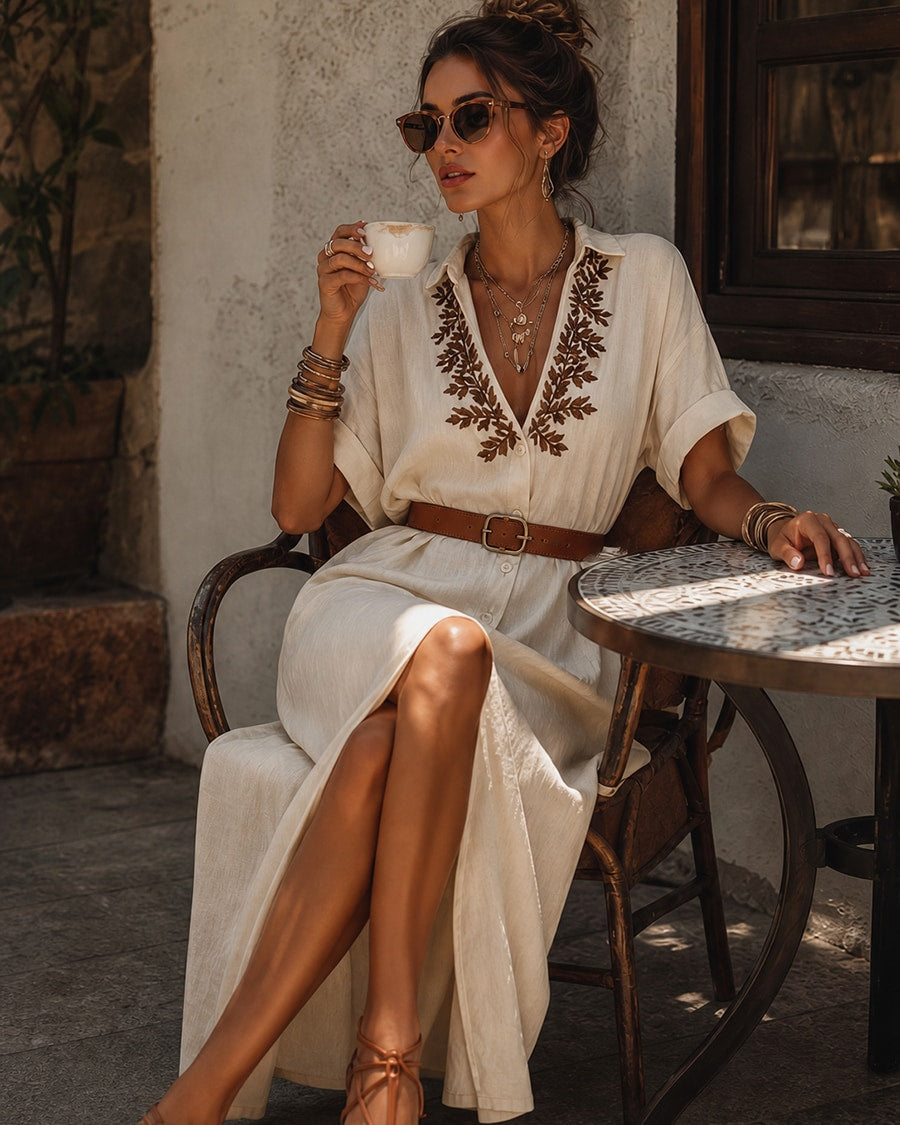 Isadora | Embroidered Linen Collared Maxi Dress