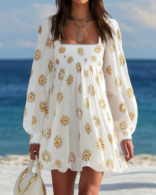 Isolde | Printed Square-Neck Lantern-Sleeve Mini Dress