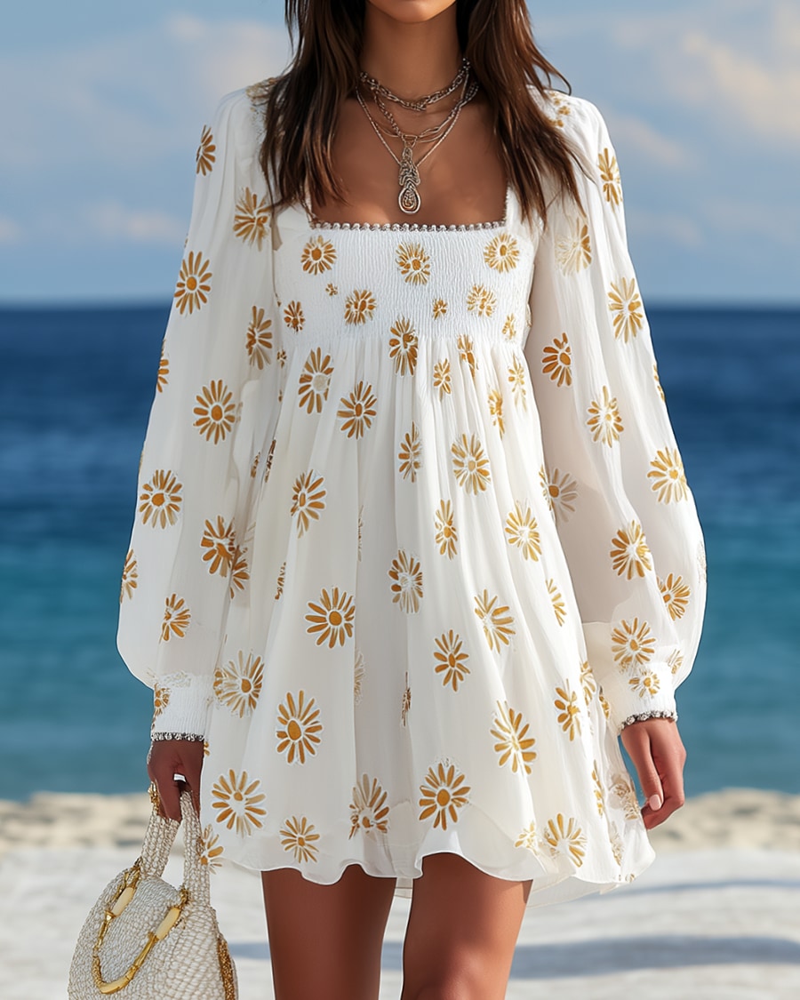 Isolde | Printed Square-Neck Lantern-Sleeve Mini Dress