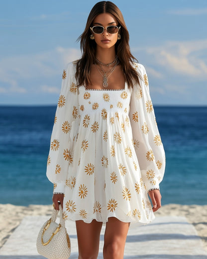 Isolde | Printed Square-Neck Lantern-Sleeve Mini Dress