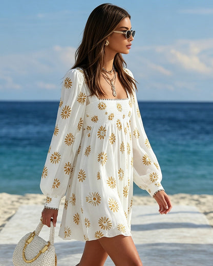 Isolde | Printed Square-Neck Lantern-Sleeve Mini Dress