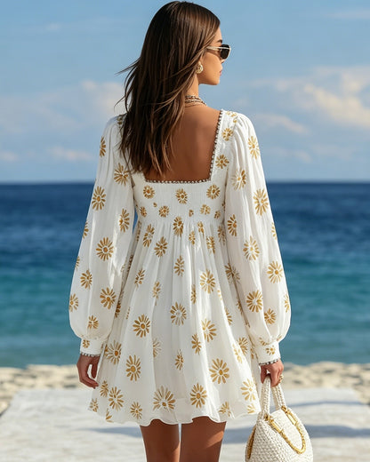 Isolde | Printed Square-Neck Lantern-Sleeve Mini Dress