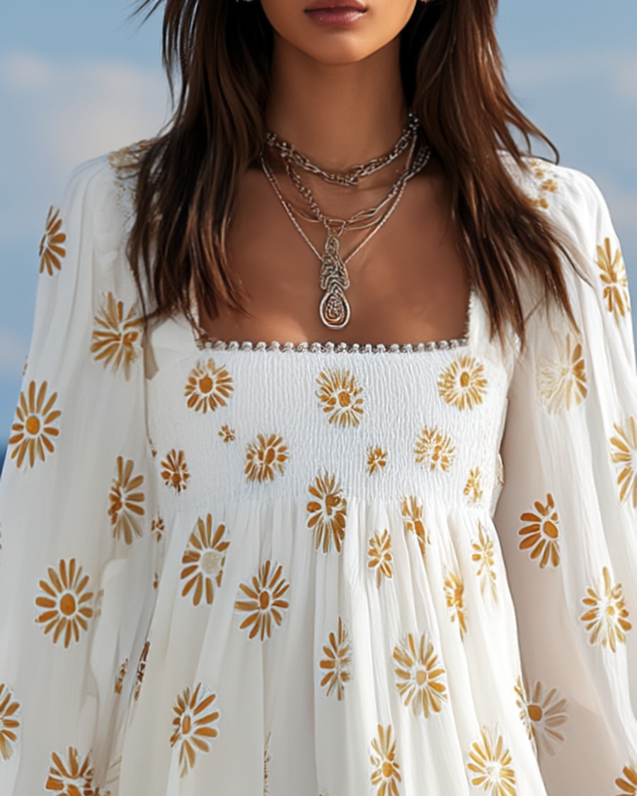 Isolde | Printed Square-Neck Lantern-Sleeve Mini Dress