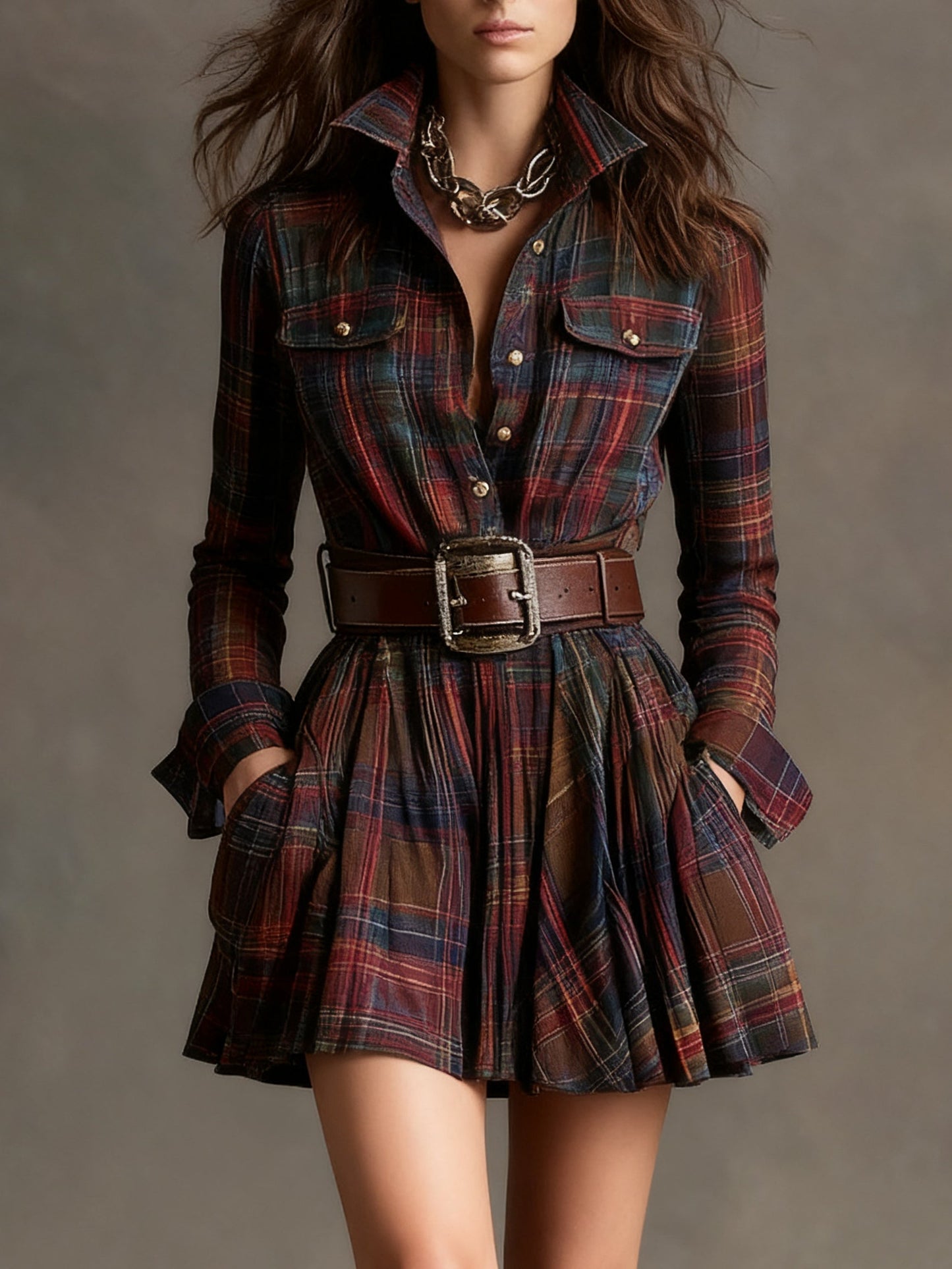 Vintage Lapel Red and Brown Plaid Mini Dress(includes Belt)