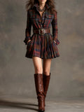 Vintage Lapel Red and Brown Plaid Mini Dress(includes Belt)