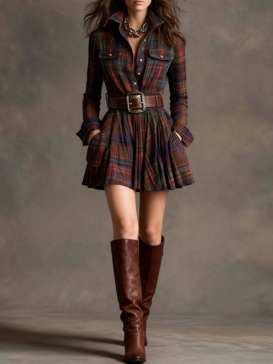 Vintage Lapel Red and Brown Plaid Mini Dress(includes Belt)