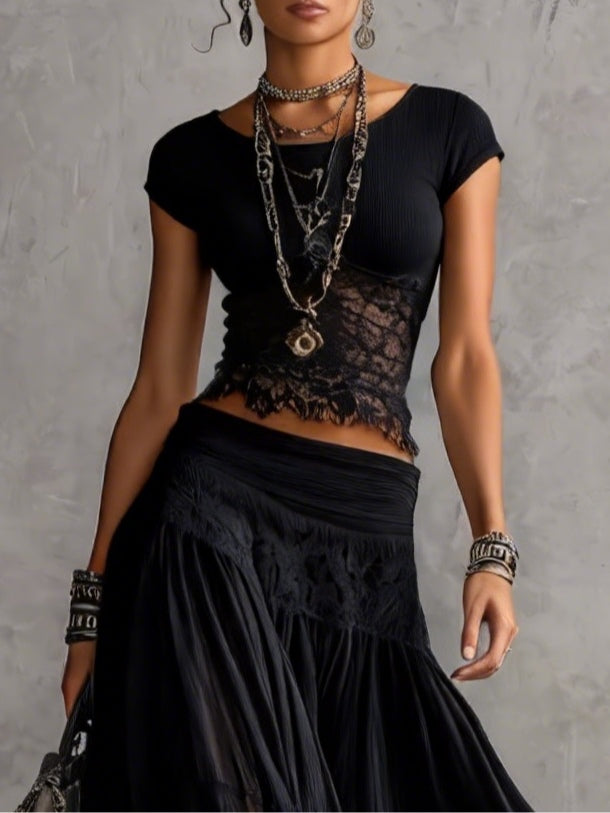 Adelina | Black Lace Set and Pleated Skirt Dress