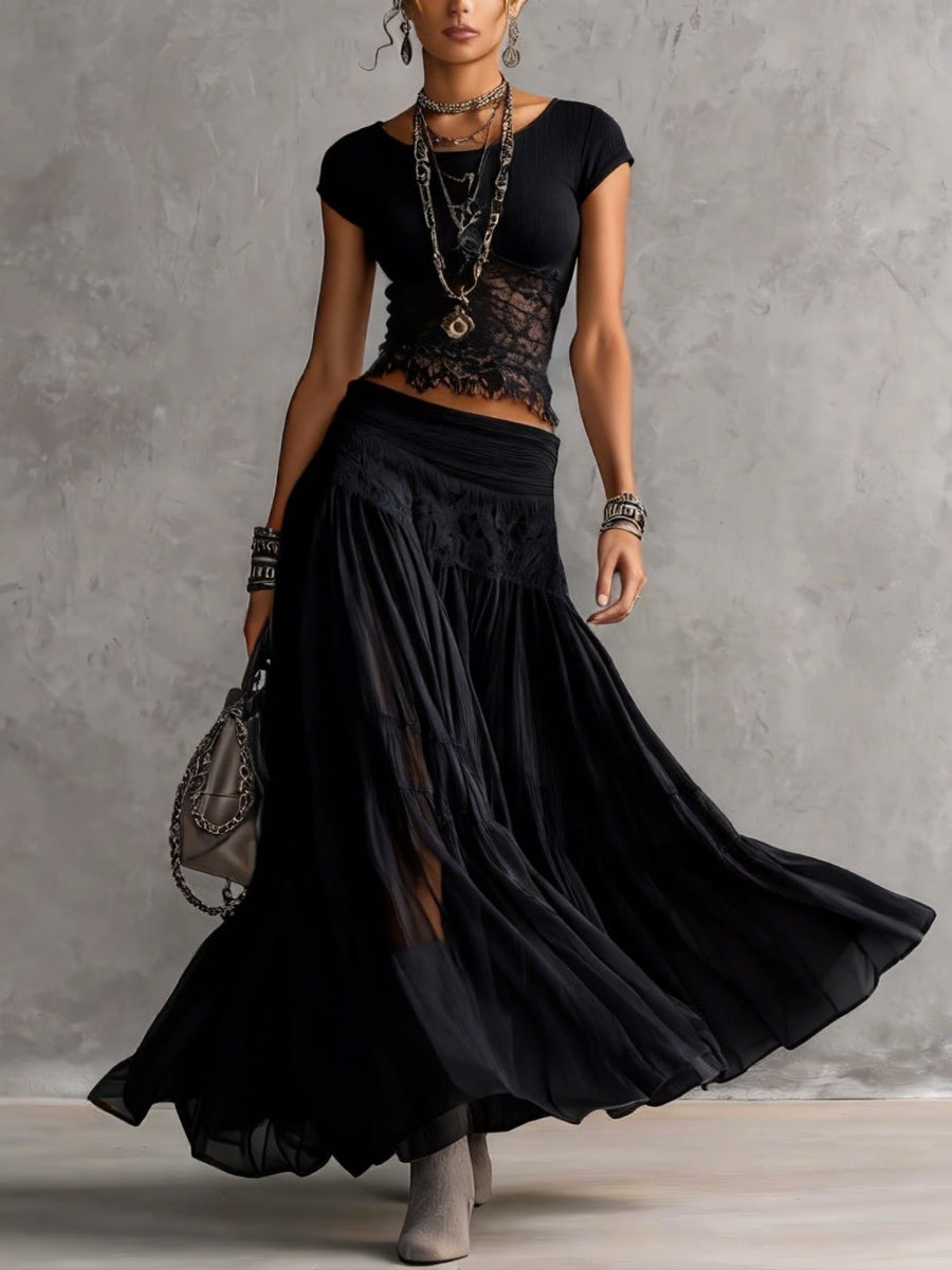 Adelina | Black Lace Set and Pleated Skirt Dress