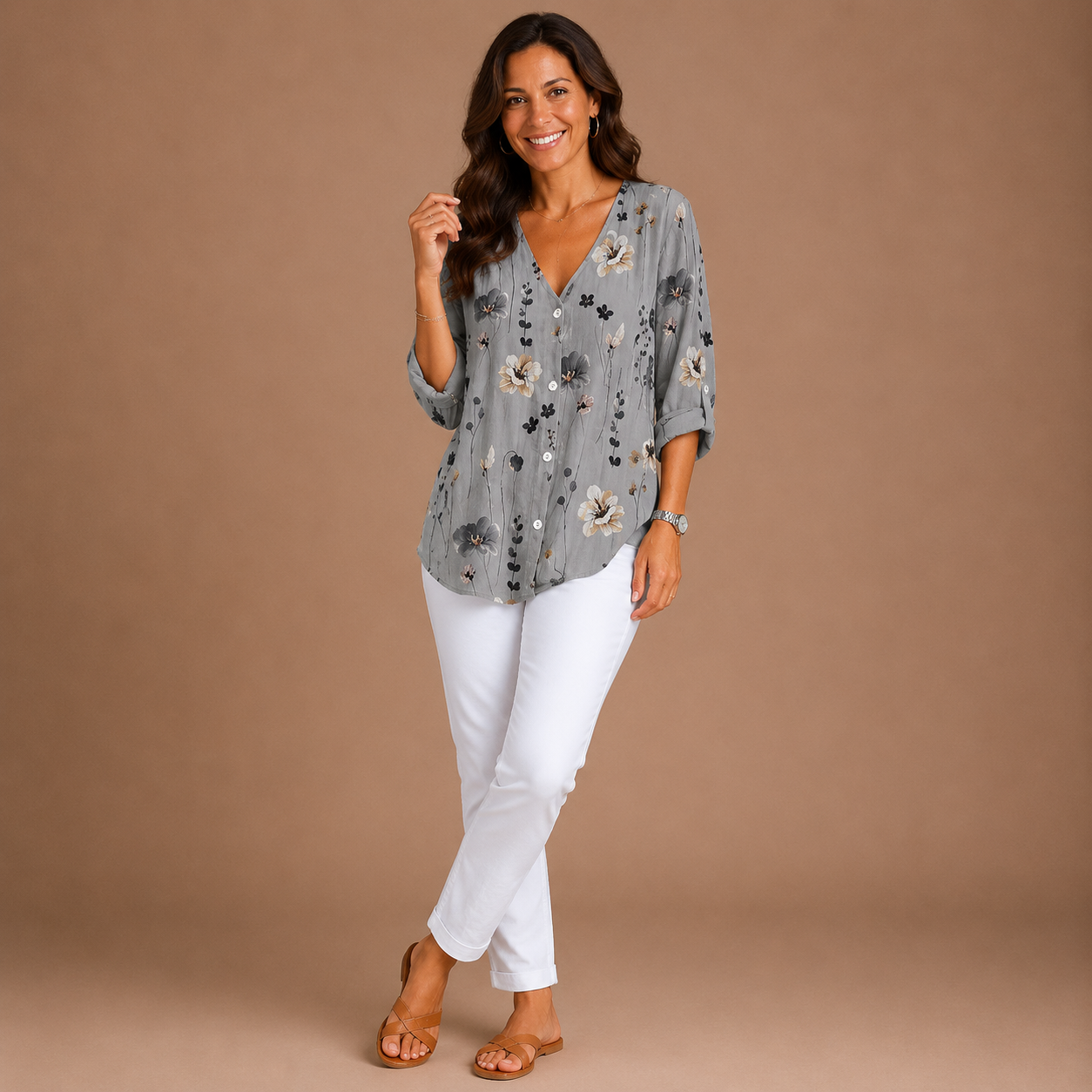 JOANNE | Printed Button Tunic Top