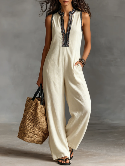 Embroidered Stand-Collar Sleeveless Jumpsuit