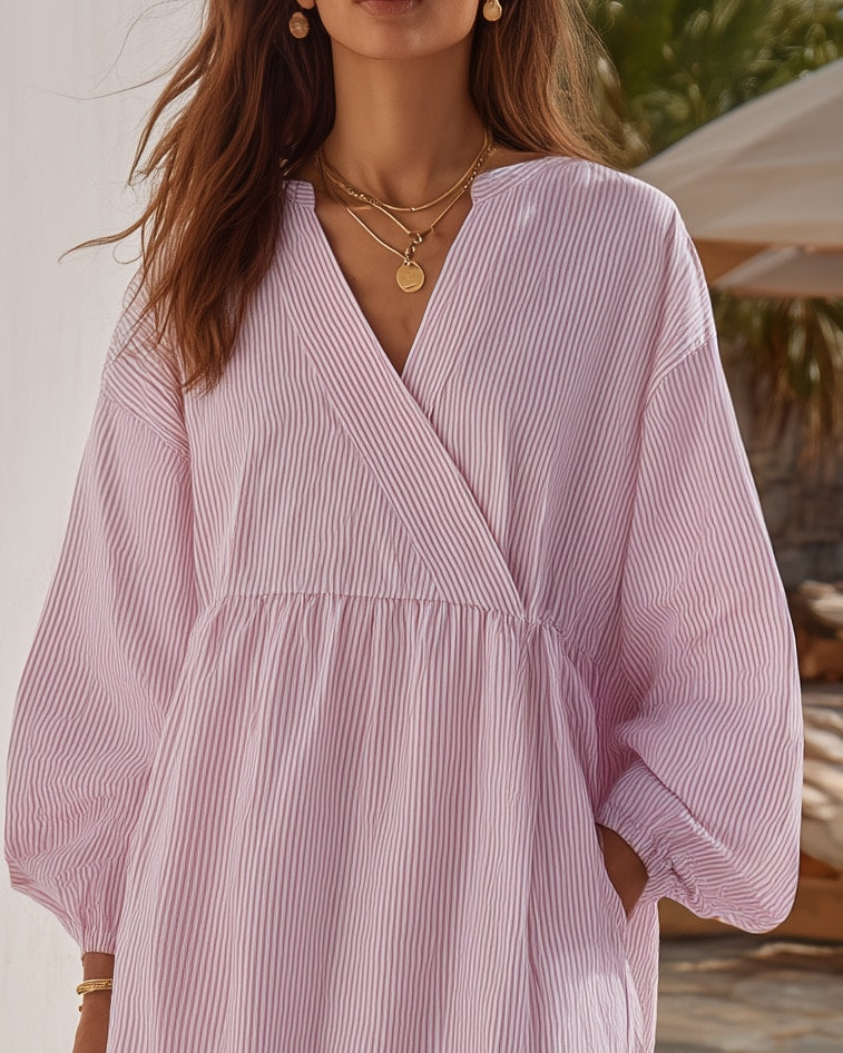 Lavande | Striped Linen V-Neck Short Dress