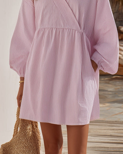 Lavande | Striped Linen V-Neck Short Dress