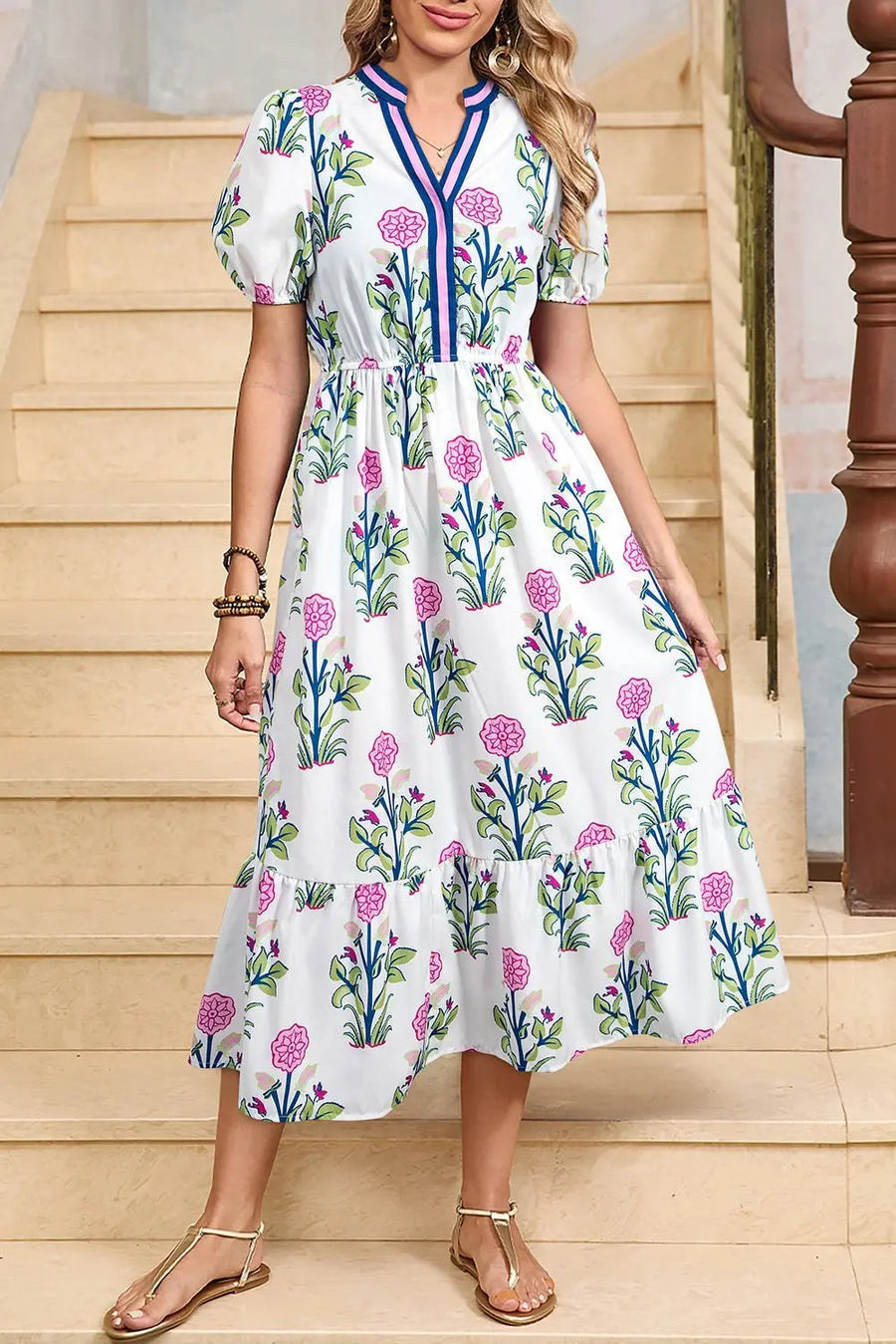 Tessa | Boho Ruffle Puff-Sleeve Midi Dress