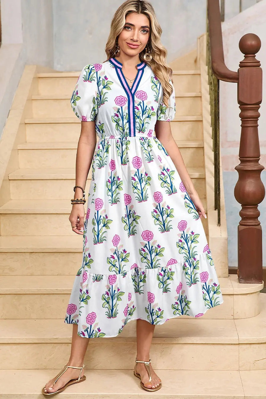 Tessa | Boho Ruffle Puff-Sleeve Midi Dress