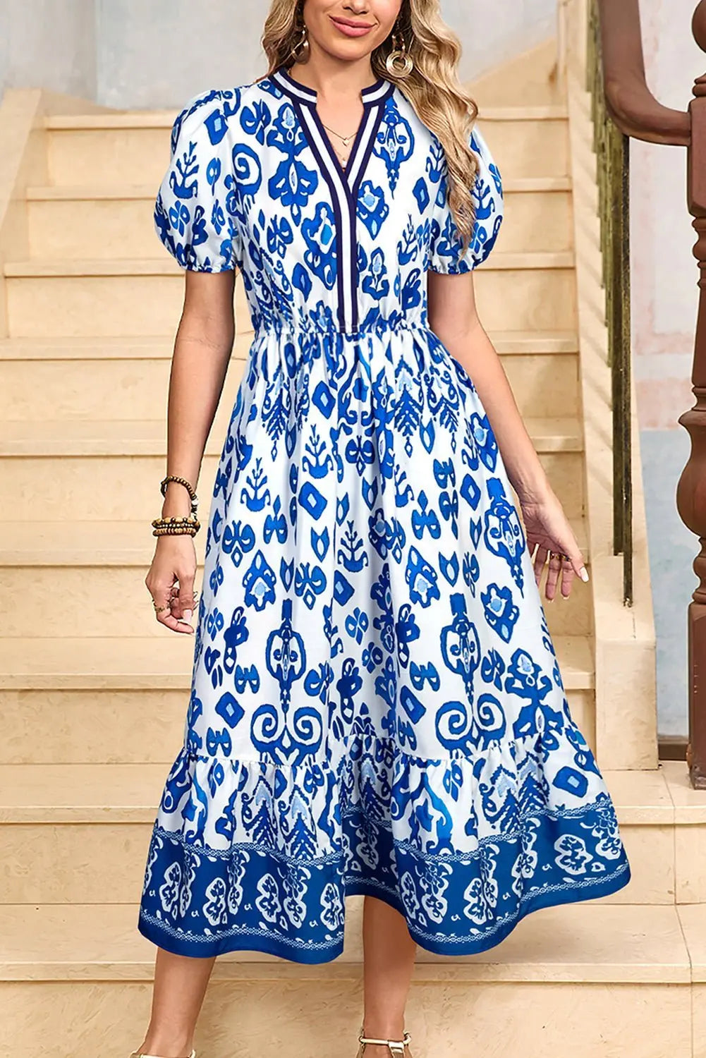Tessa | Boho Ruffle Puff-Sleeve Midi Dress