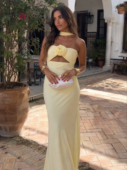 Rose Corsage Halter Maxi Dress