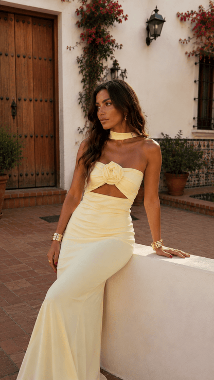 Rose Corsage Halter Maxi Dress