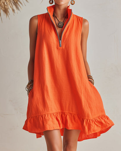 Nerea | Orange Linen High-Neck Mini Dress