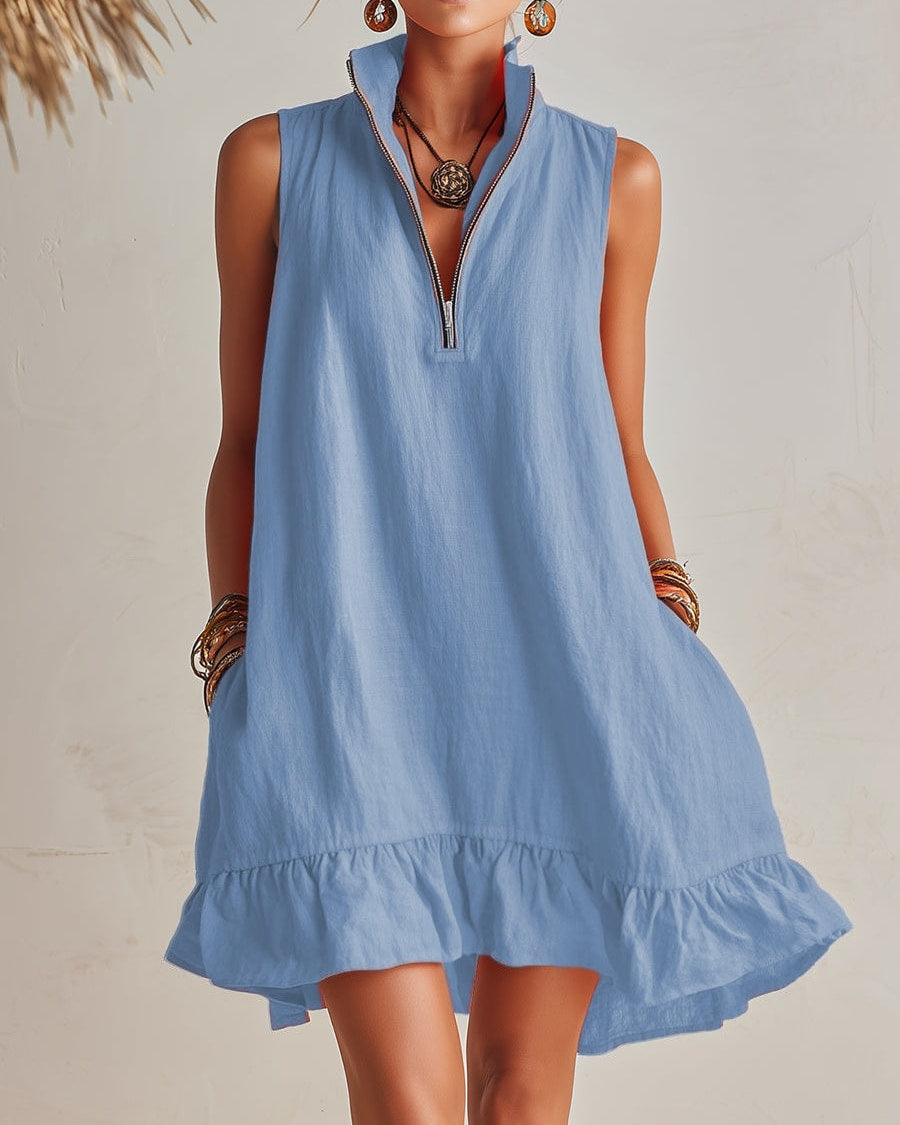 Nerea | Orange Linen High-Neck Mini Dress