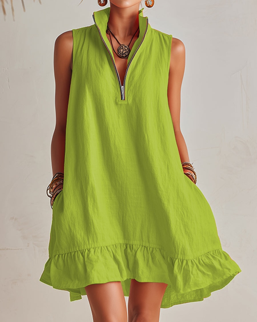Nerea | Orange Linen High-Neck Mini Dress