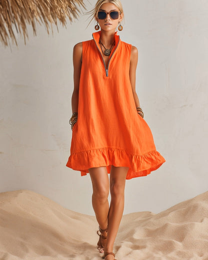 Nerea | Orange Linen High-Neck Mini Dress