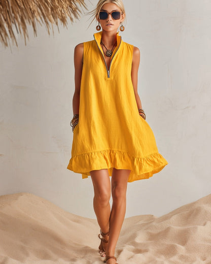 Nerea | Orange Linen High-Neck Mini Dress