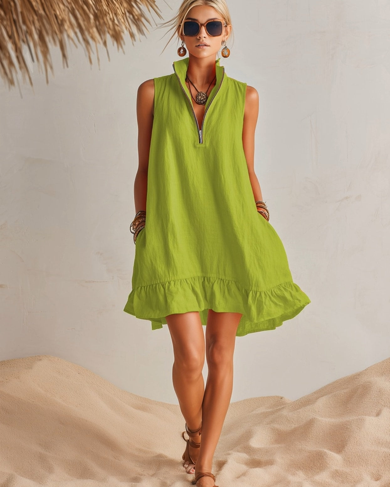 Nerea | Orange Linen High-Neck Mini Dress