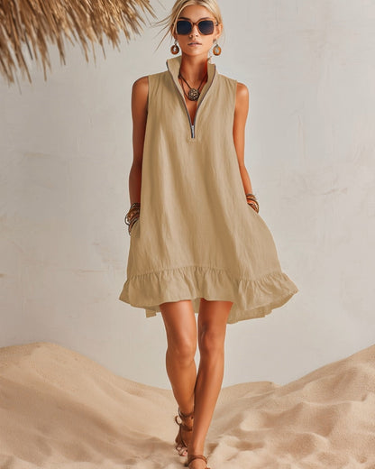 Nerea | Orange Linen High-Neck Mini Dress