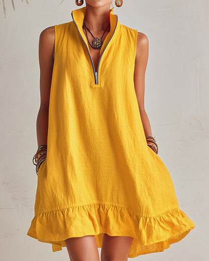 Nerea | Orange Linen High-Neck Mini Dress