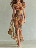 Colette | Bohemian Vacation Oil Painting Print Chiffon Maxi Dress