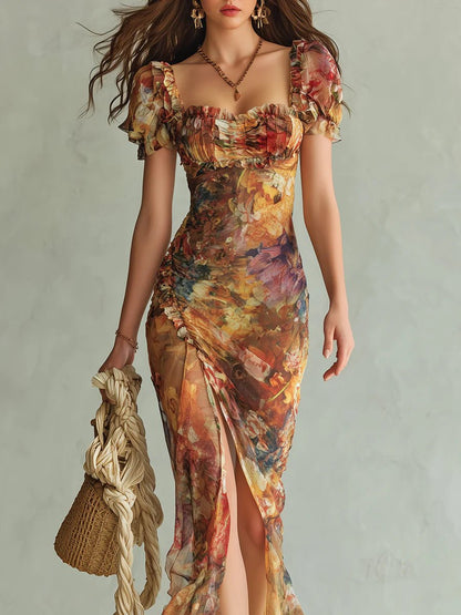 Colette | Bohemian Vacation Oil Painting Print Chiffon Maxi Dress