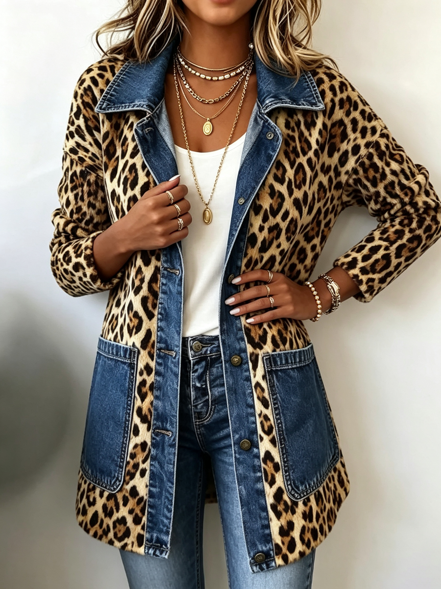 Fablenne | Leopard Print Denim Panel Contrast Longline Jacket