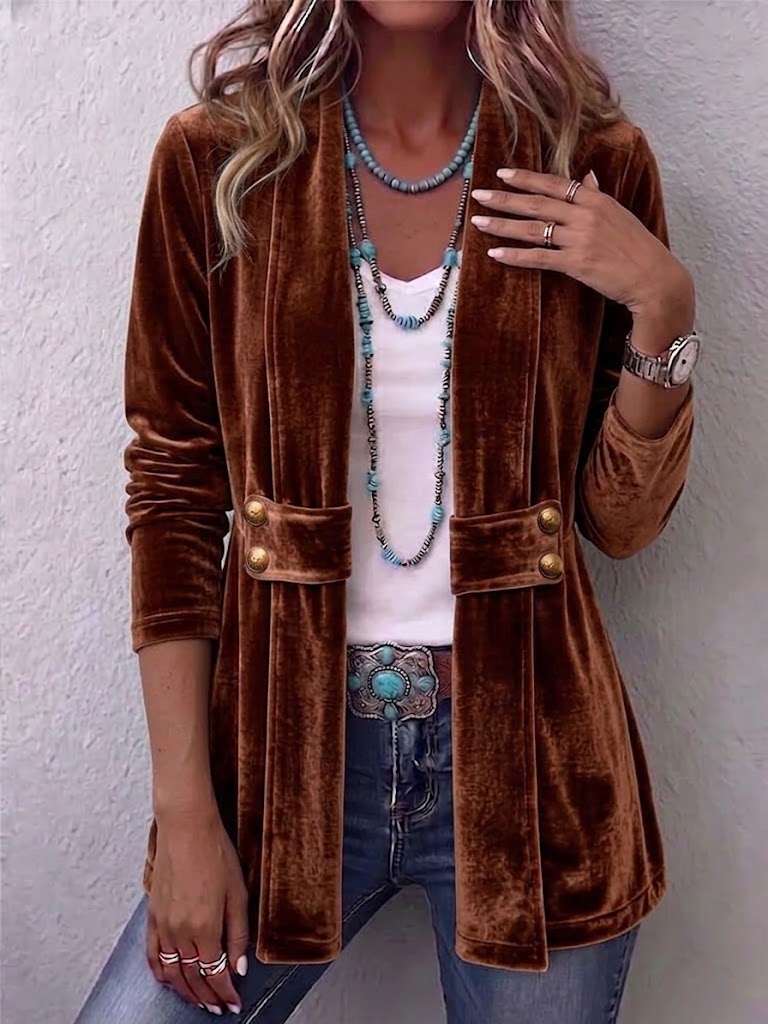 Holliwell | Vintage Lapel Button-Accent Long Sleeve Open Front Jacket