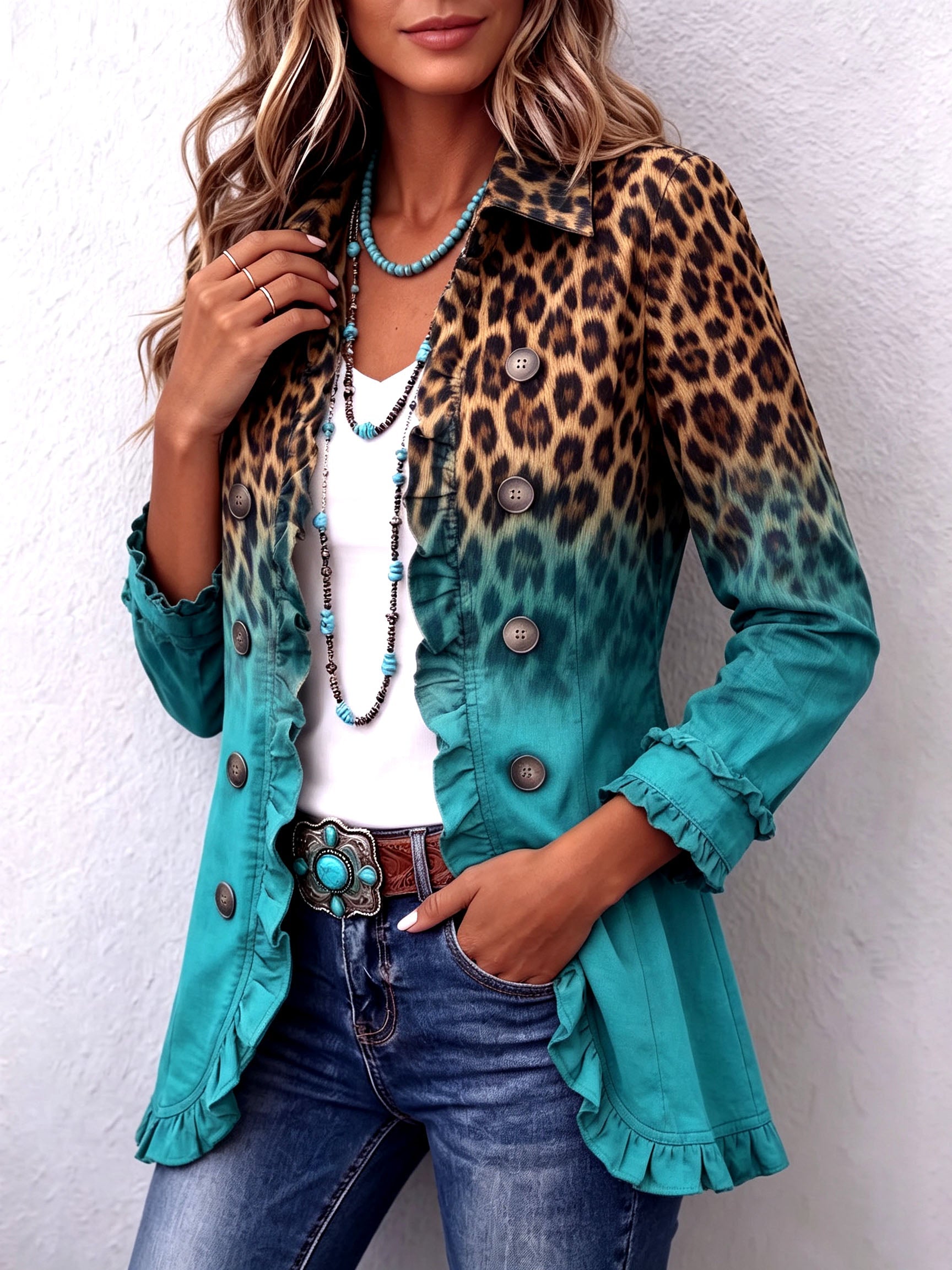 Elspeth | Leopard Ombre Ruffle Blazer Jacket