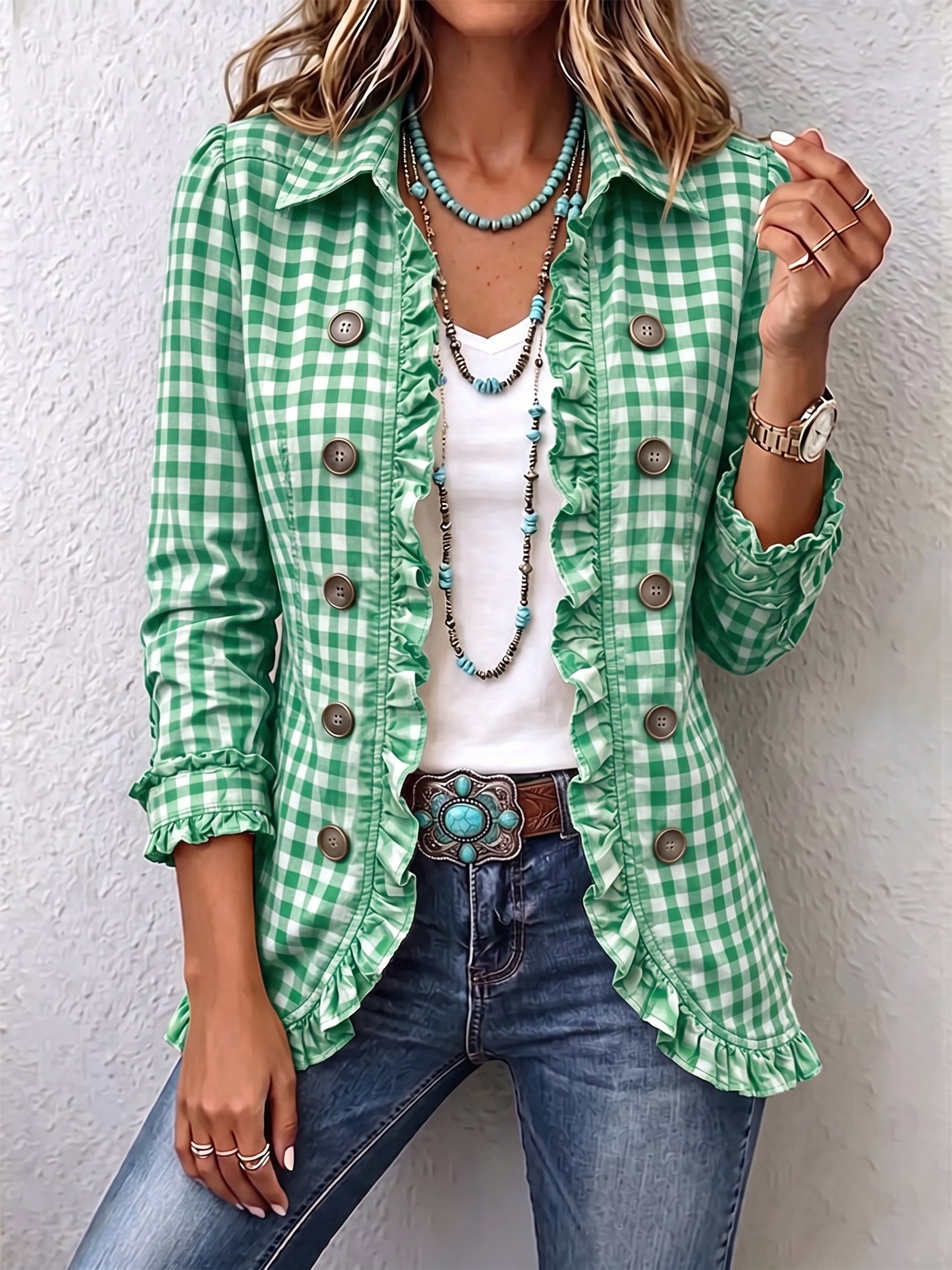 Charlene | Gingham Ruffled Button-Down Jacket