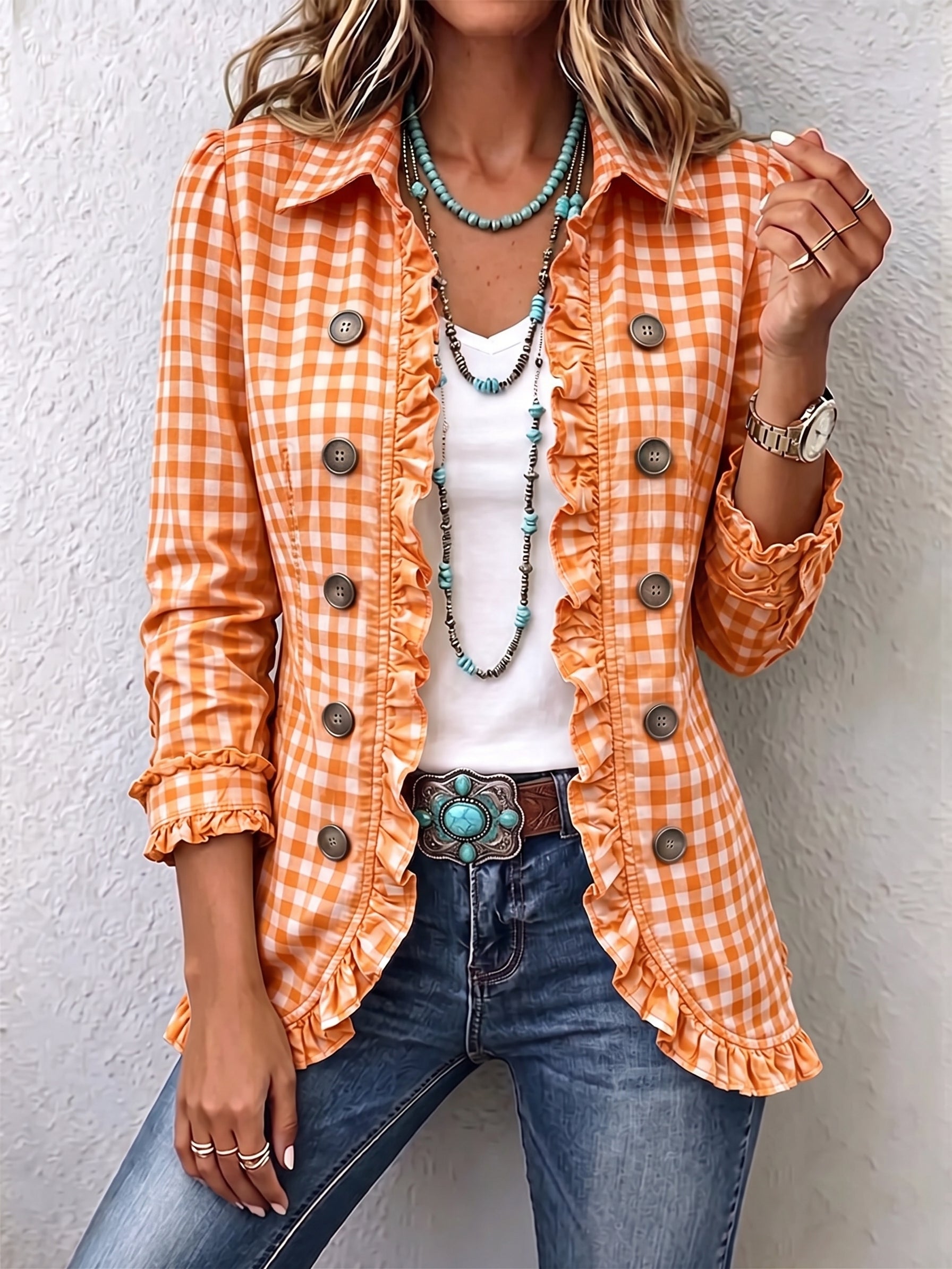 Charlene | Gingham Ruffled Button-Down Jacket