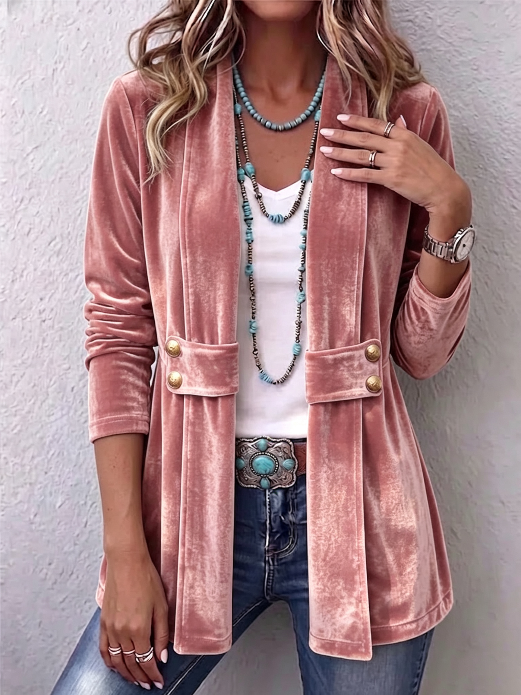 Holliwell | Vintage Lapel Button-Accent Long Sleeve Open Front Jacket