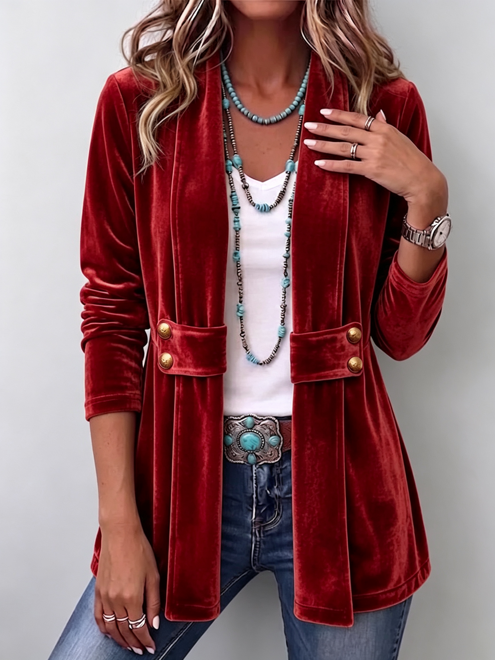 Holliwell | Vintage Lapel Button-Accent Long Sleeve Open Front Jacket