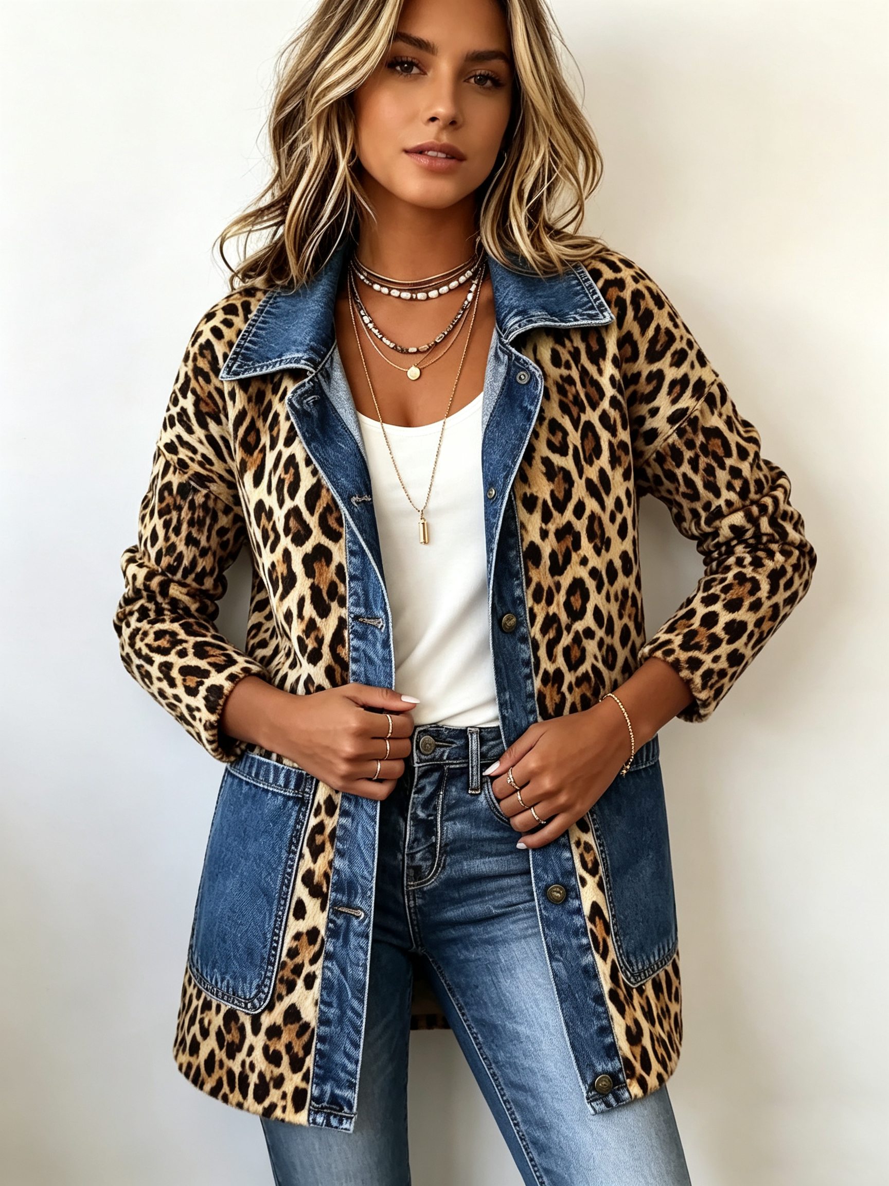 Fablenne | Leopard Print Denim Panel Contrast Longline Jacket