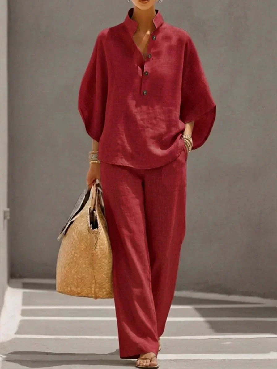 Sophie | Linen-Look Batwing Sleeve Wide-Leg Pants Set