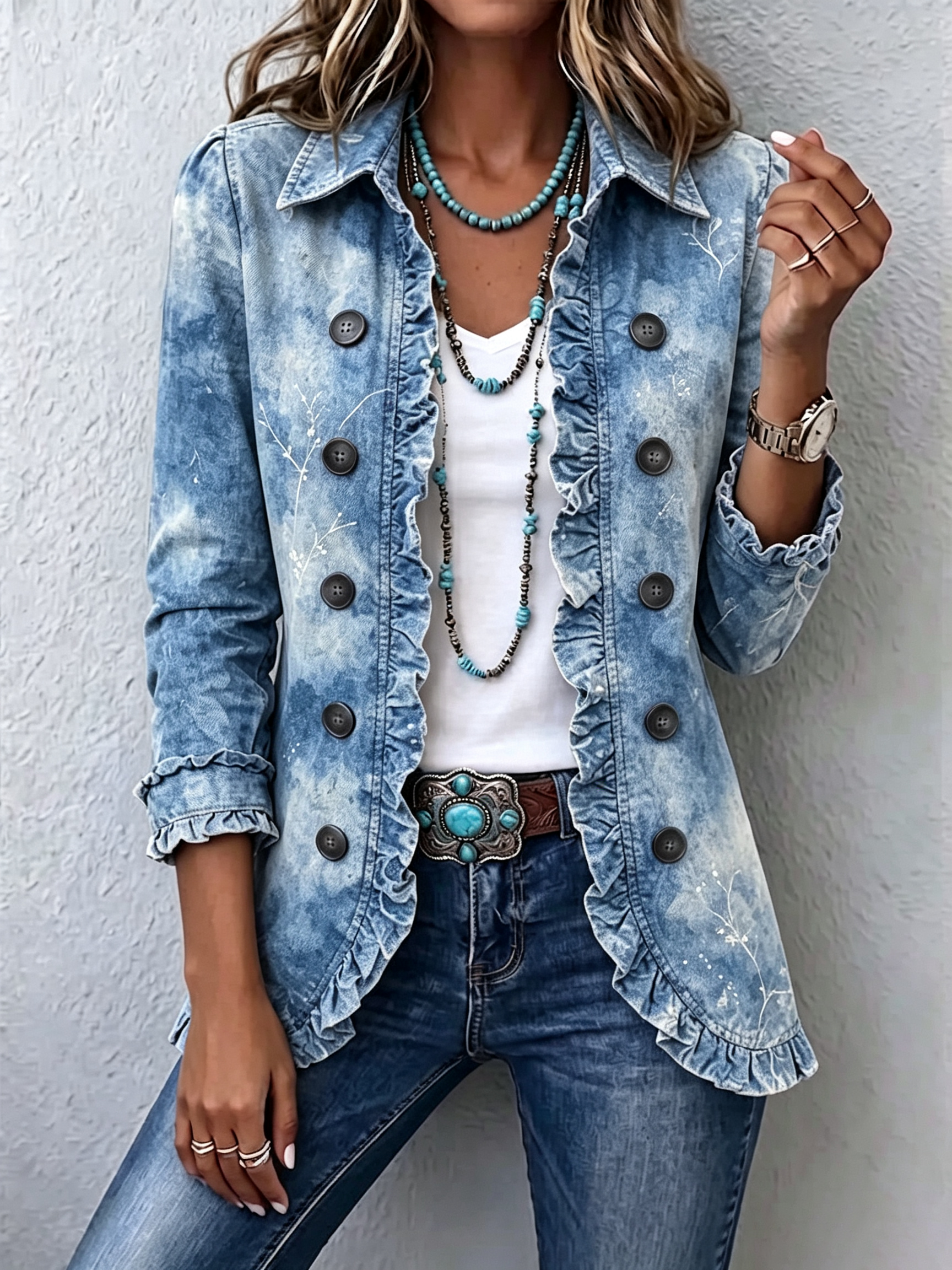 Jemison | Boho-Style Gradient Vintage Botanical Print Ruffle-Detail Jacket