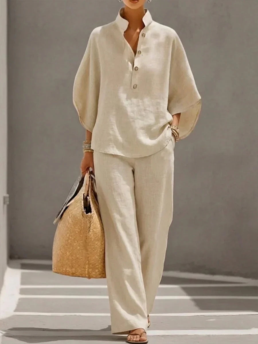 Sophie | Linen-Look Batwing Sleeve Wide-Leg Pants Set