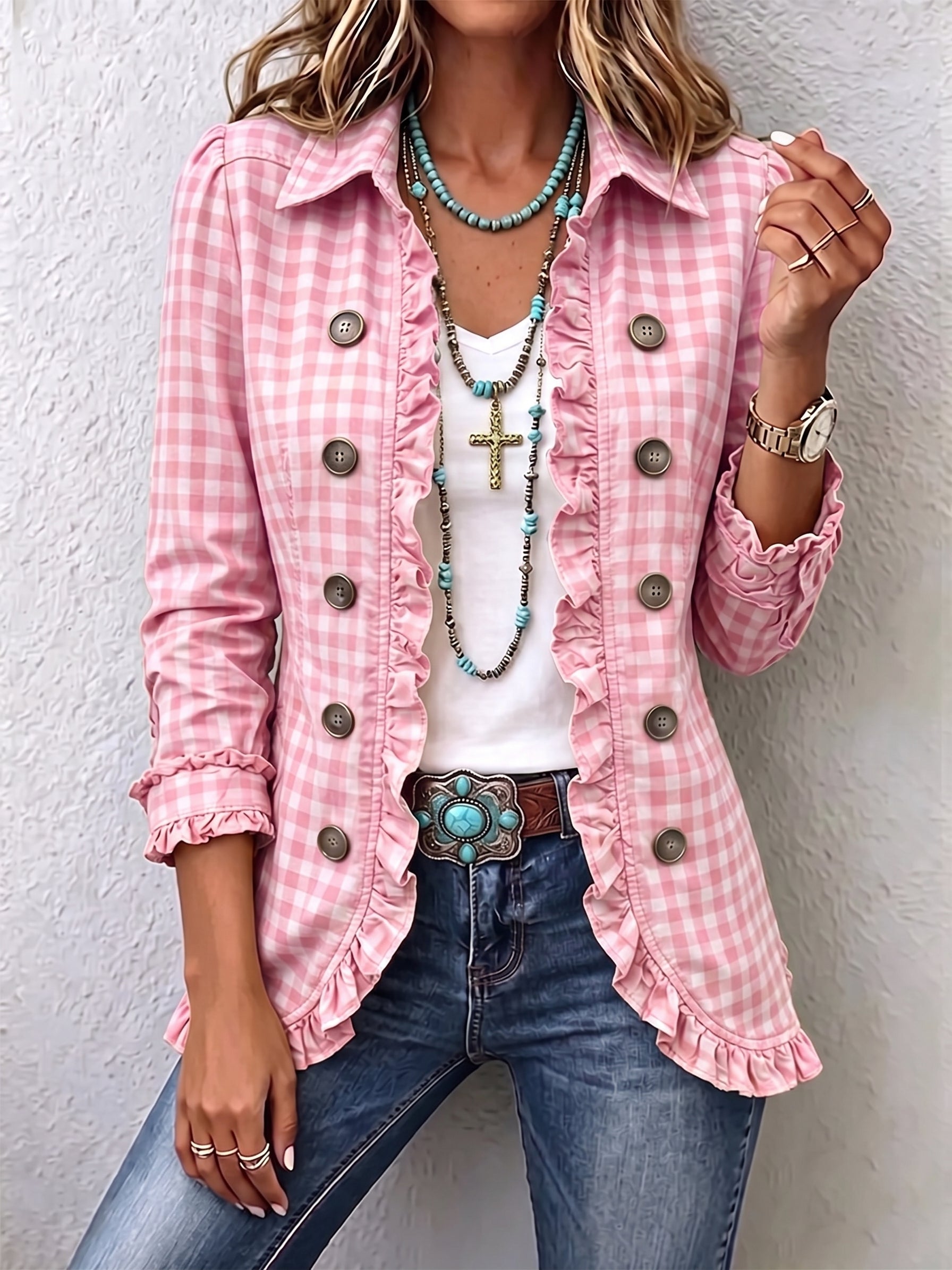 Charlene | Gingham Ruffled Button-Down Jacket