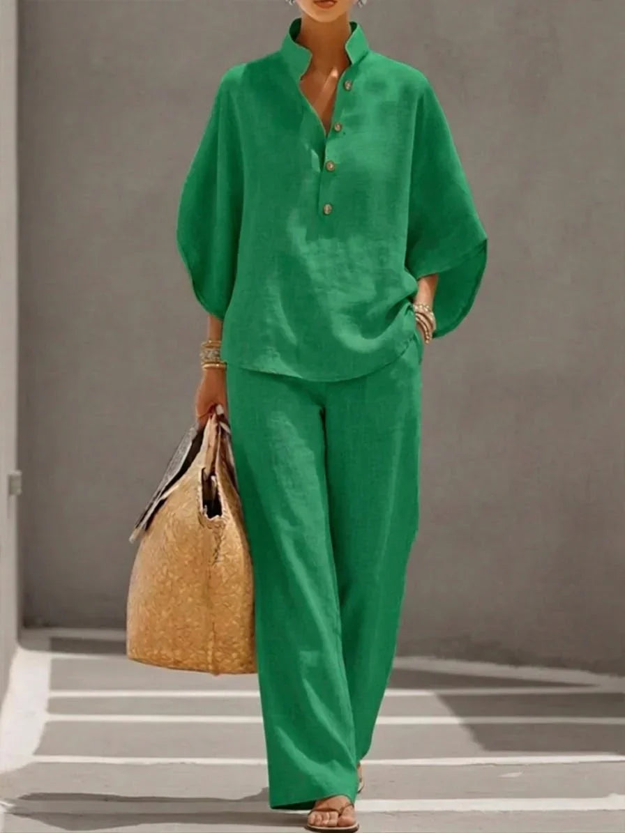 Sophie | Linen-Look Batwing Sleeve Wide-Leg Pants Set