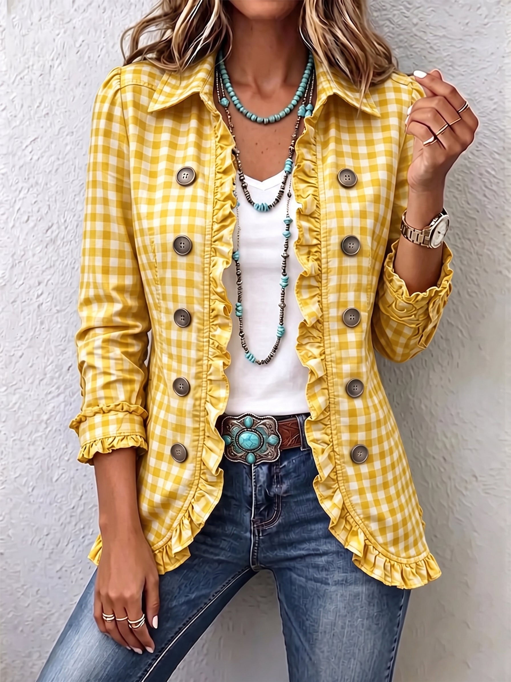 Charlene | Gingham Ruffled Button-Down Jacket