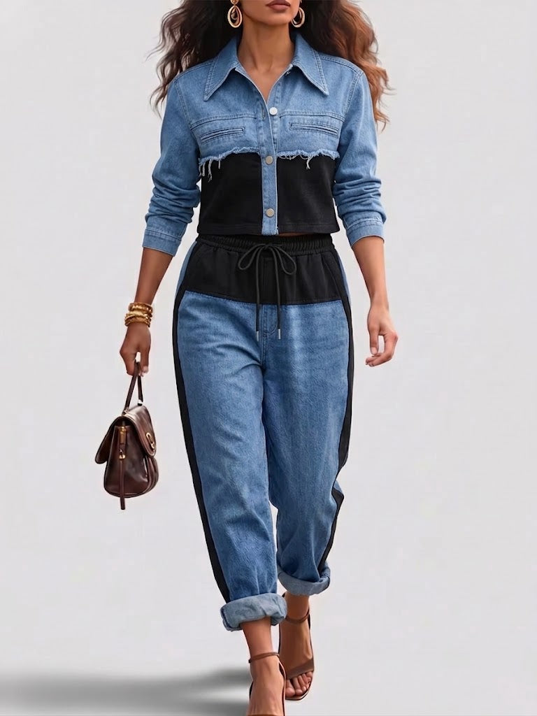 Holbrook | Color-Block Cropped Jacket & Wide-Leg Pants Set