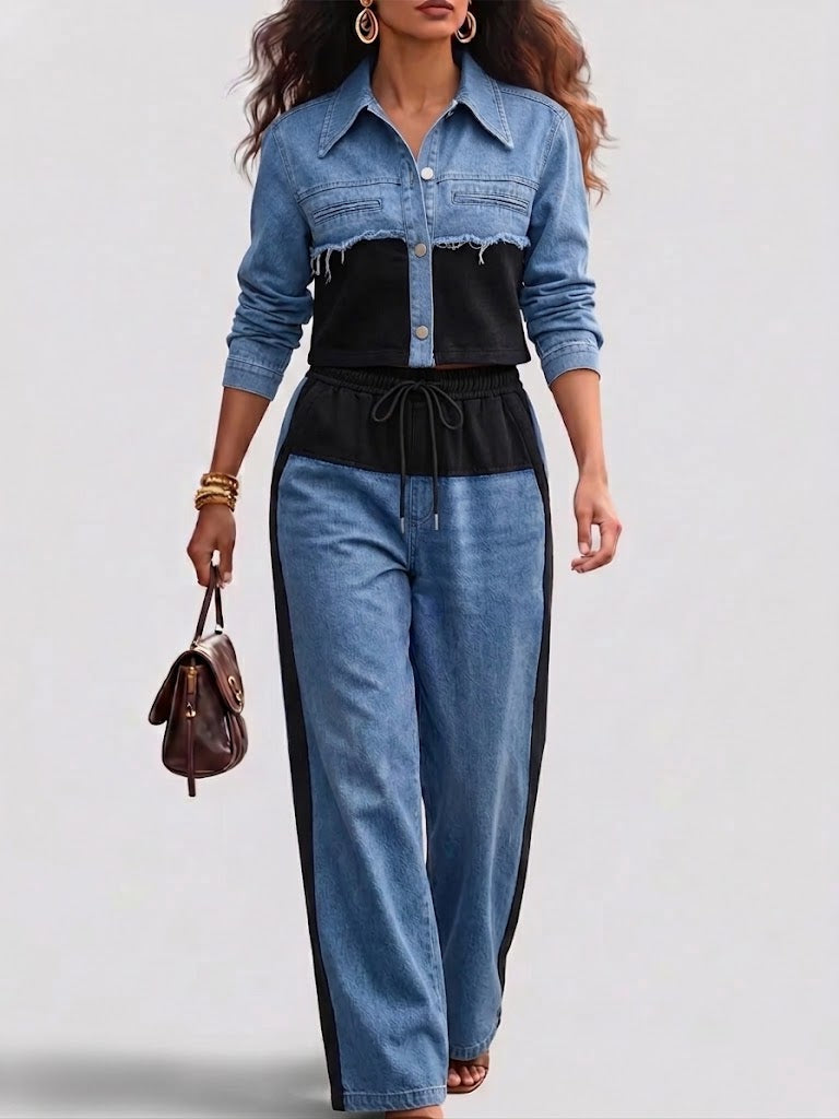 Holbrook | Color-Block Cropped Jacket & Wide-Leg Pants Set